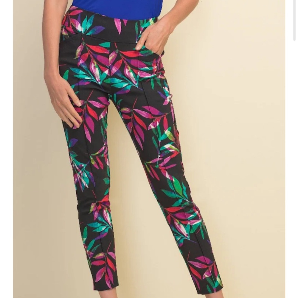 Joseph Ribkoff Black Straight Leg Pants with Pink, Green & Teal Leaf Print